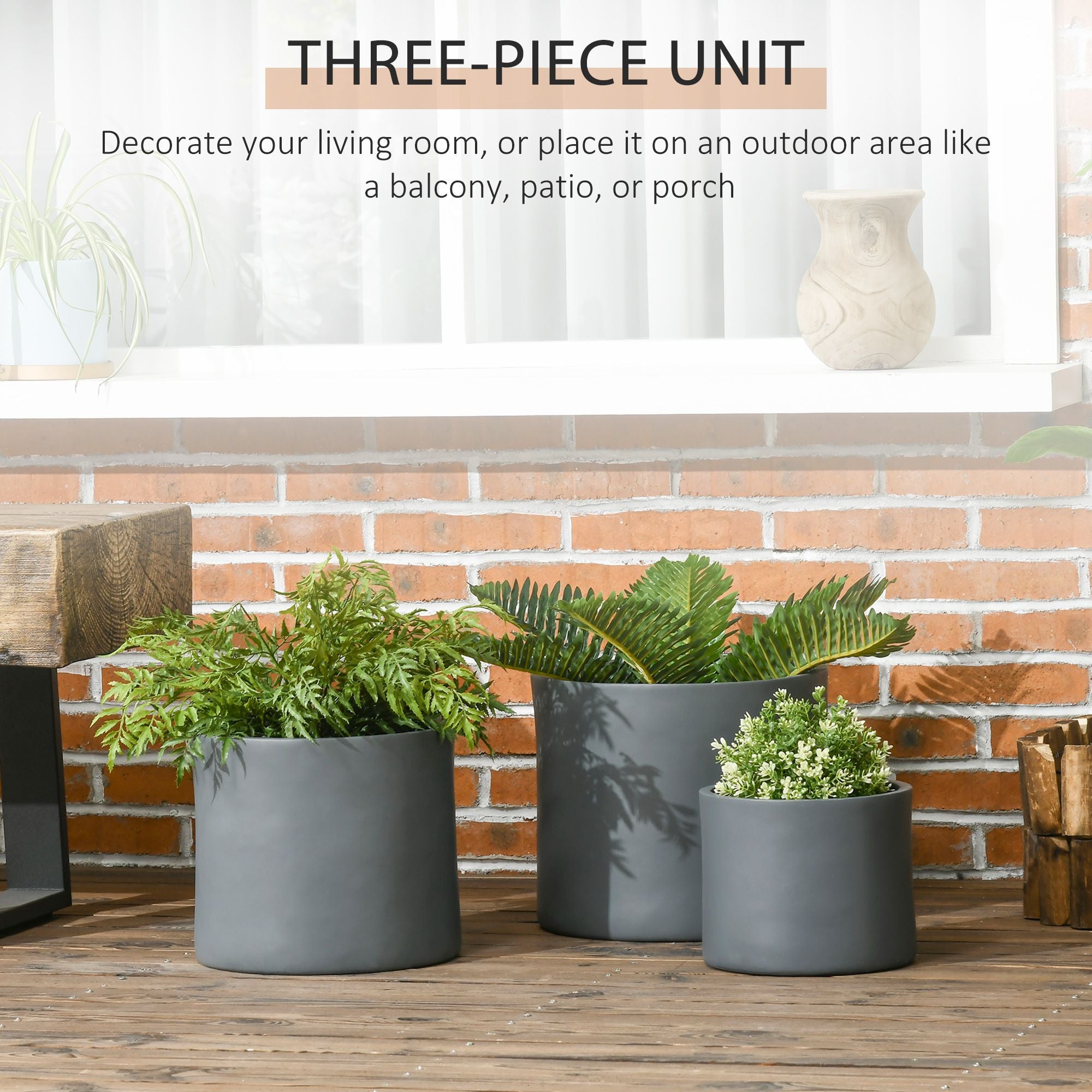 Set of 3 Outdoor Planter Set, 13/11.5/9in, MgO Flower Pots with Drainage Holes, Outdoor Ready & Stackable Plant Pot for Indoor, Entryway, Patio, Yard, Garden