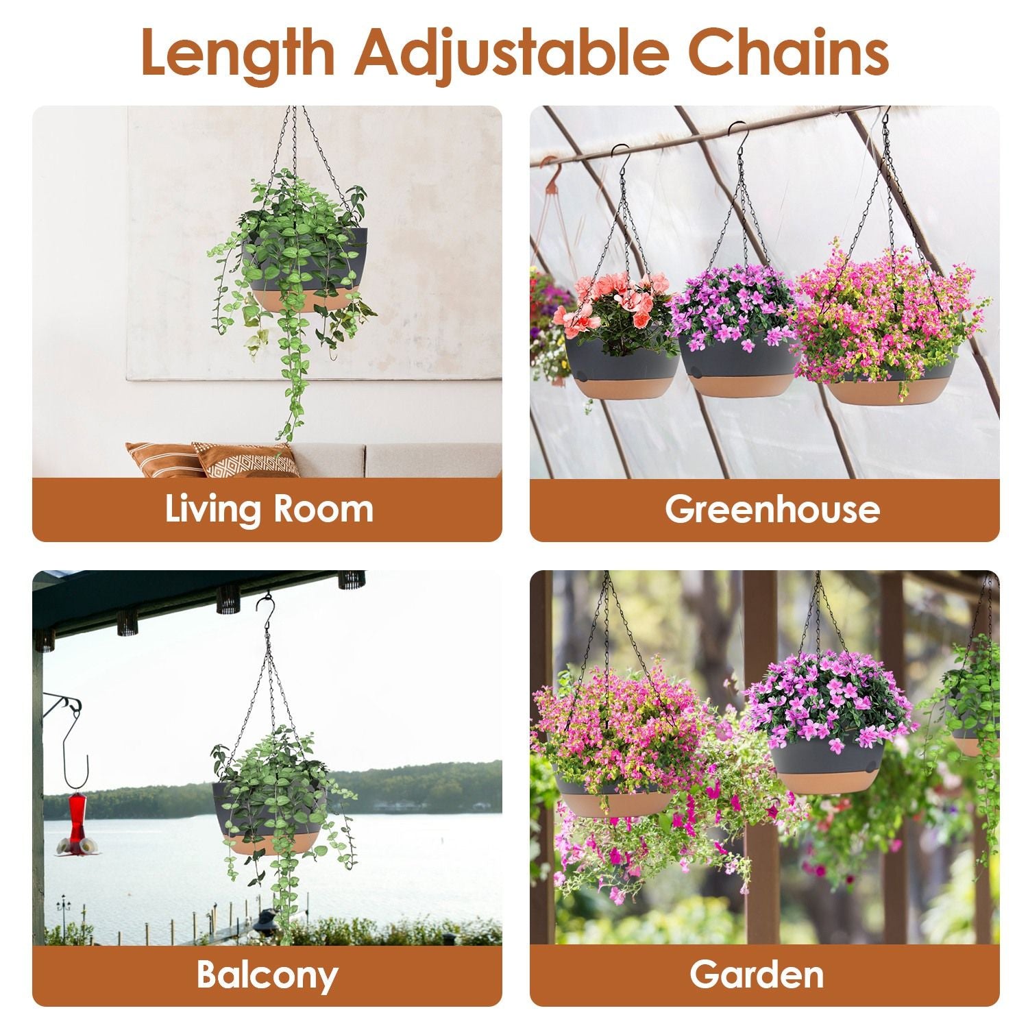 4Pcs 9.64In Diameter Hanging Planter with Drainage Holes Removable Self-Watering Tray Plastic Hanging Flower Plant Pots For Indoor Outdoor Herb Ivy Fern