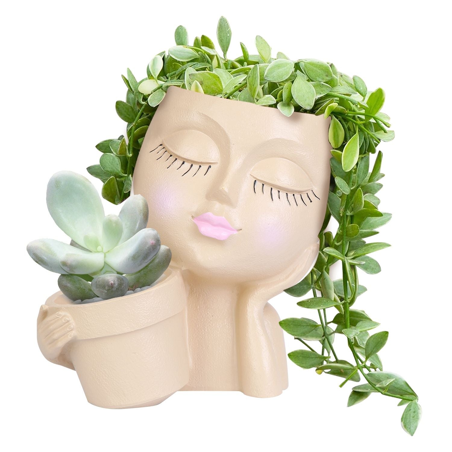 Girl Face Planter Pot Dual Opening Flower Pot With Drainage Hole Lady Head Resin Plant Pot For Succulent Cactus Indoor Outdoor