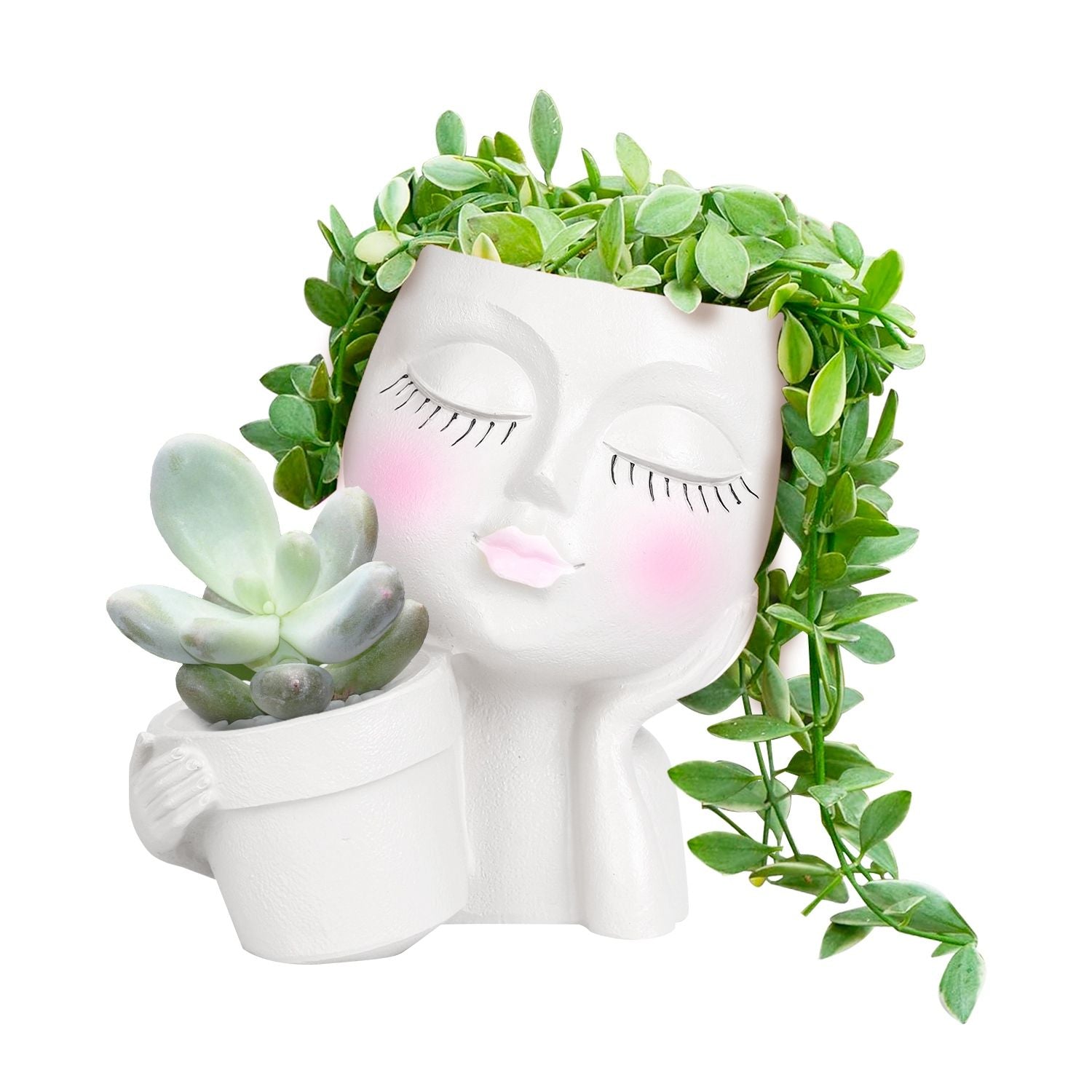 Girl Face Planter Pot Dual Opening Flower Pot With Drainage Hole Lady Head Resin Plant Pot For Succulent Cactus Indoor Outdoor