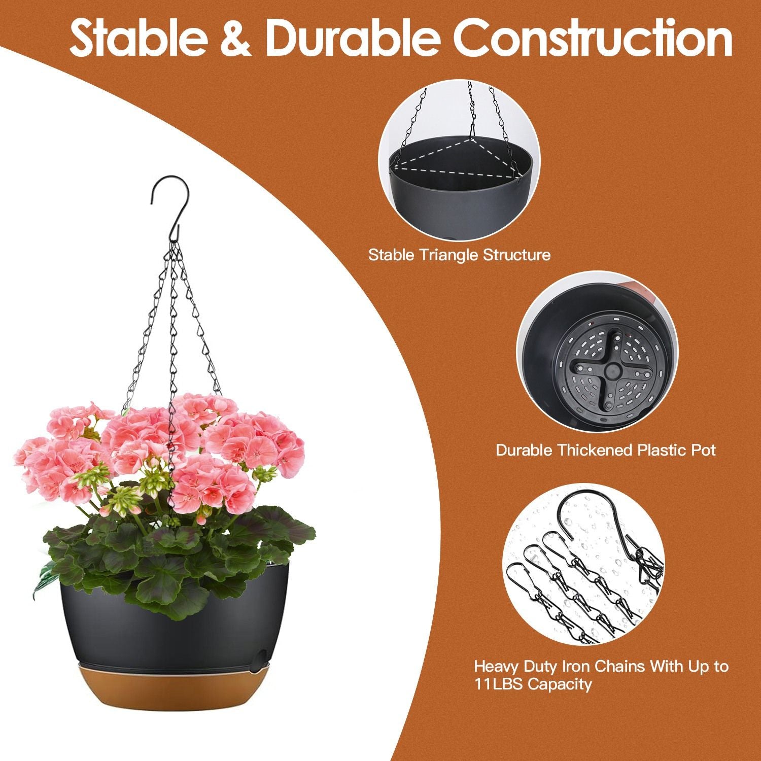 4Pcs 9.64In Diameter Hanging Planter with Drainage Holes Removable Self-Watering Tray Plastic Hanging Flower Plant Pots For Indoor Outdoor Herb Ivy Fern