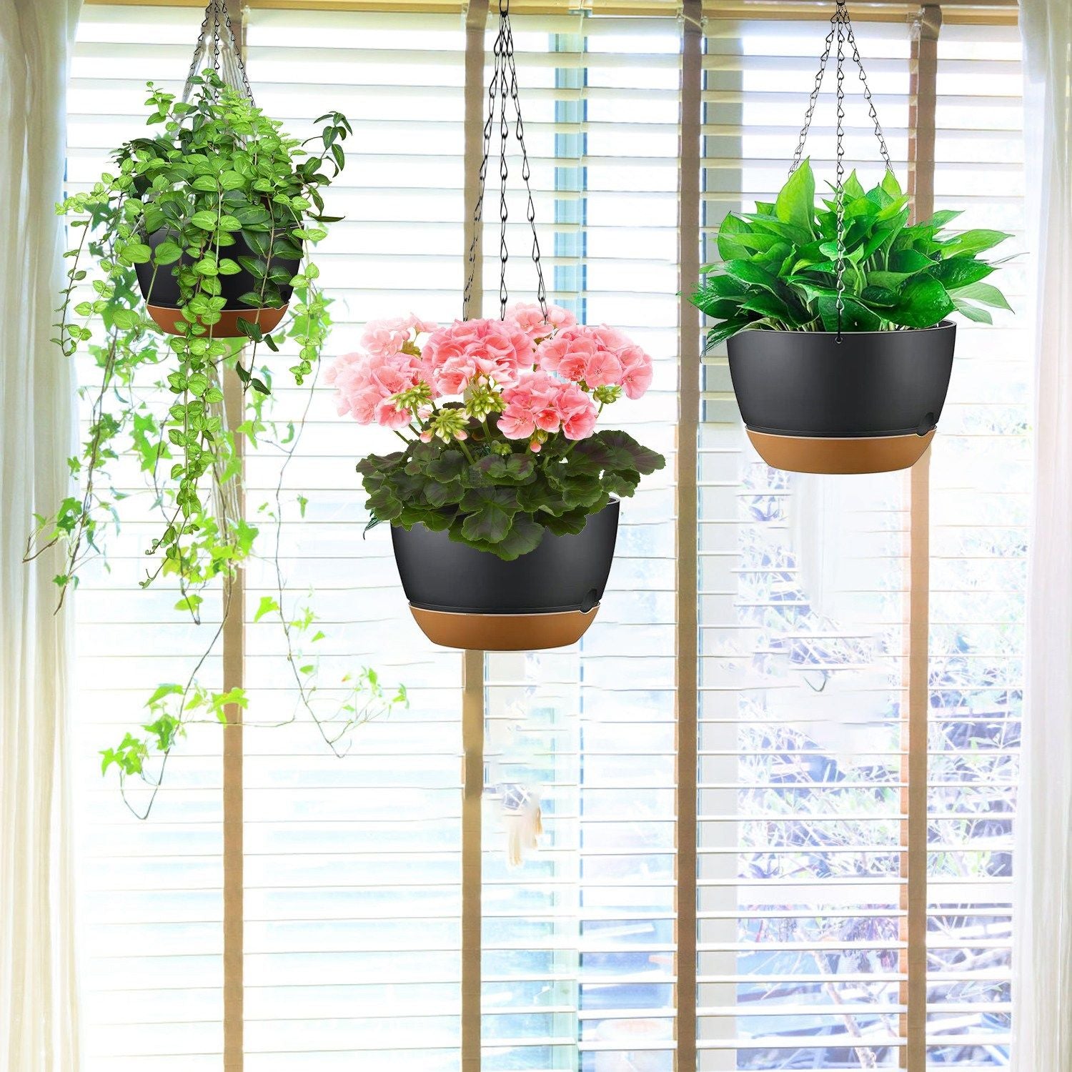 4Pcs 9.64In Diameter Hanging Planter with Drainage Holes Removable Self-Watering Tray Plastic Hanging Flower Plant Pots For Indoor Outdoor Herb Ivy Fern