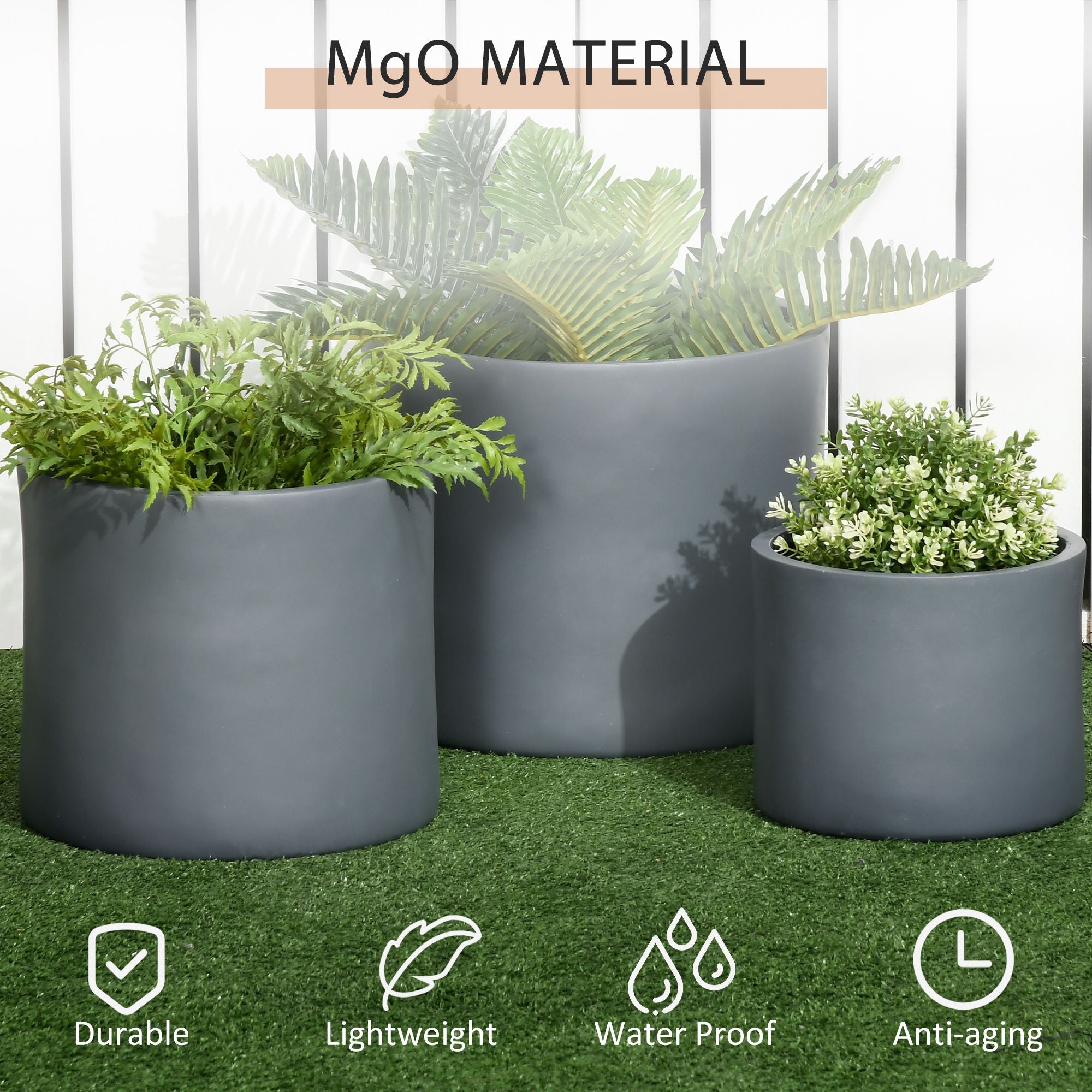 Set of 3 Outdoor Planter Set, 13/11.5/9in, MgO Flower Pots with Drainage Holes, Outdoor Ready & Stackable Plant Pot for Indoor, Entryway, Patio, Yard, Garden