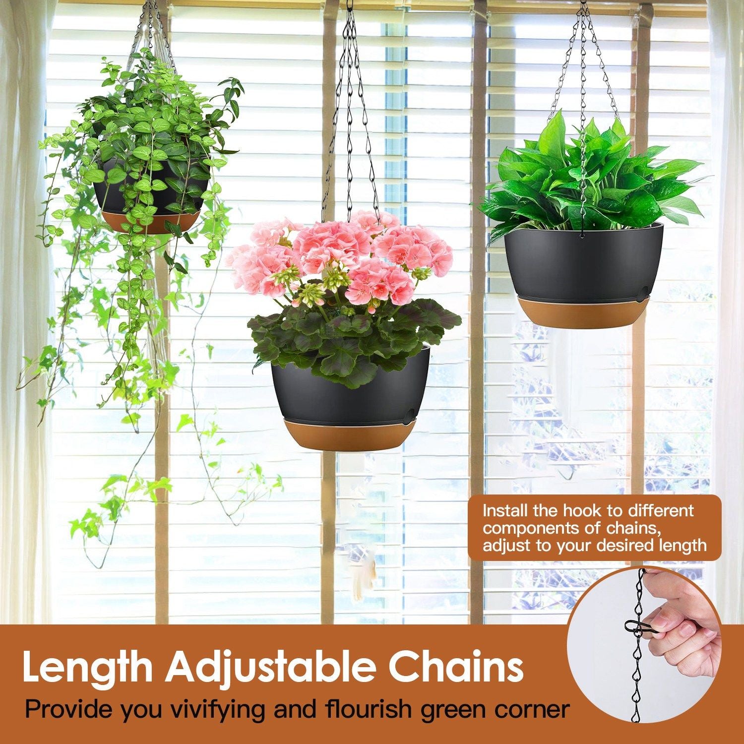 4Pcs 9.64In Diameter Hanging Planter with Drainage Holes Removable Self-Watering Tray Plastic Hanging Flower Plant Pots For Indoor Outdoor Herb Ivy Fern